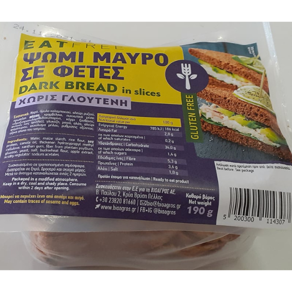 Ψωμί μαύρο σε φέτες χ/γλουτ, 190γρ., eat free, Βιοαγρός